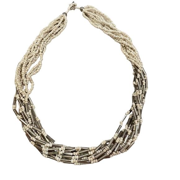 UNBRANDED Multistrand Beaded Necklace‎ Silver / White Statement Piece - Picture 1 of 6